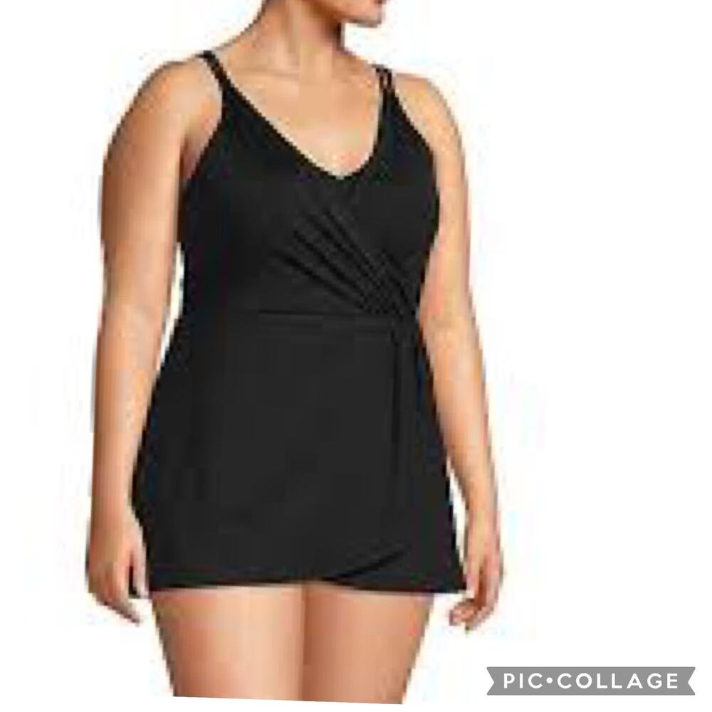 Lands' End Black Surplice Swimdress with Adjustable Straps